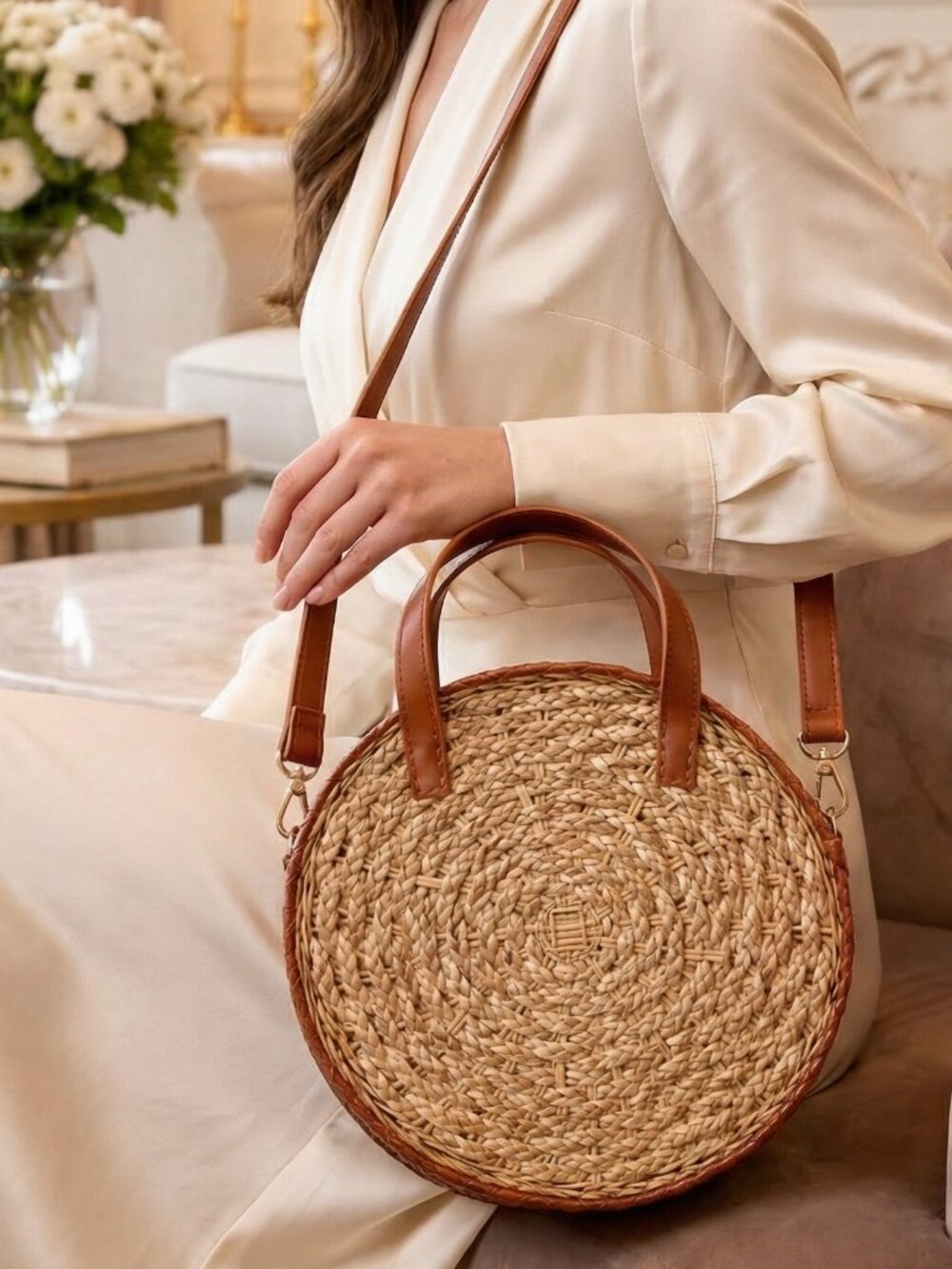 Boutique Woven Canteen Crossbody Bag Round Straw Cognac Trim Resort Chic NWOT - Picture 8 of 8